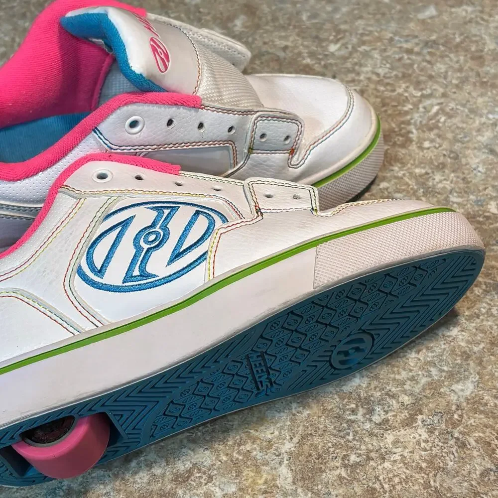 Heelys Girls Motion Plus White Pink Blue Green Roller Tennis Shoes Size 4 READ